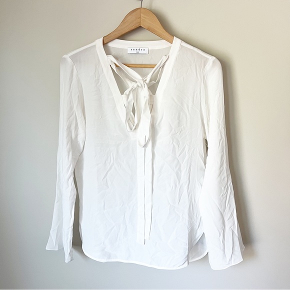 Sandro Paris Cleo Tie Lace Up Silk Blouse Ecru Off-White 2 EU 38 NWOT - Picture 3 of 15